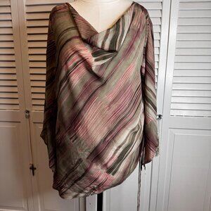 MILLENIUM PLUS SIZE 22 GREEN STRIPED BLOUSE ASYMMETRICAL CINCHED DROOP NECK